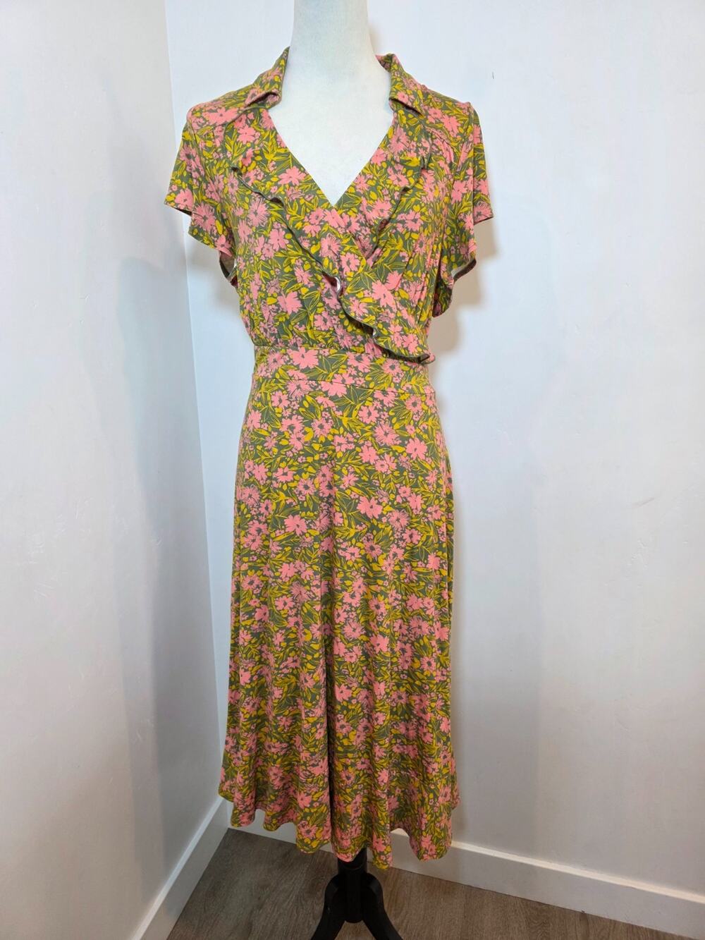 ModCloth Floral Wrap Maxi Dress 1X Pink Green Flutter Sleeve Stretch